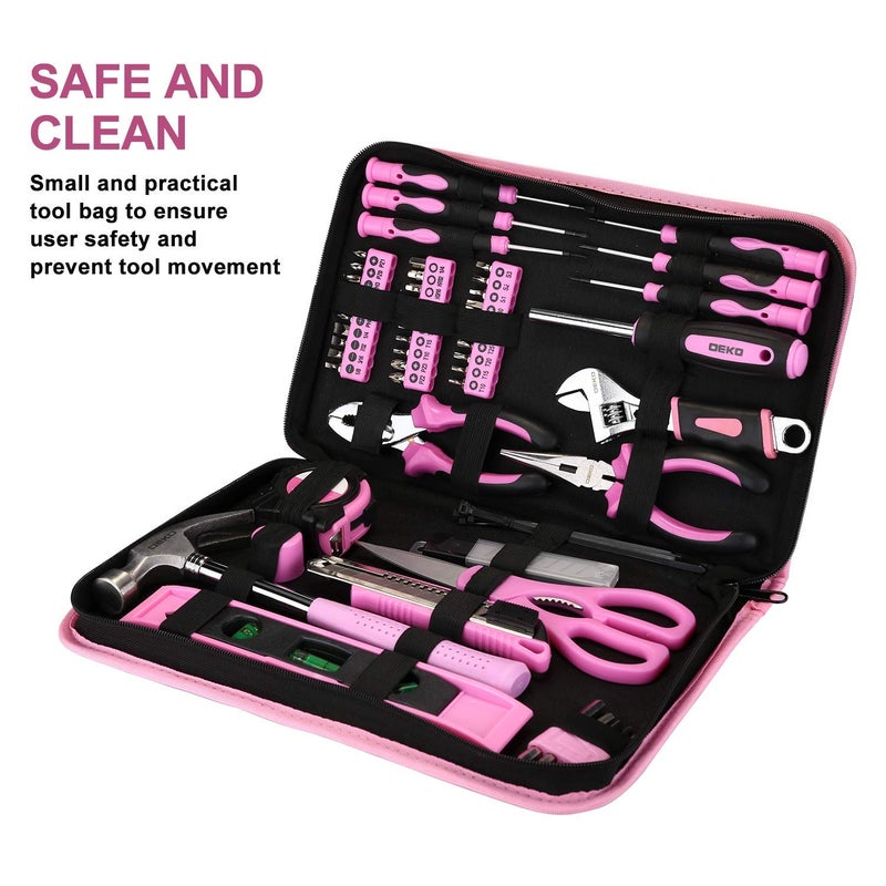 DEKO Pink Tool Set 110 Piece Household Tool Kit,Ladies Portable Tool Set with Easy Carrying Pouch, Perfect for DIY Projects, Home Maintenance - Image 2